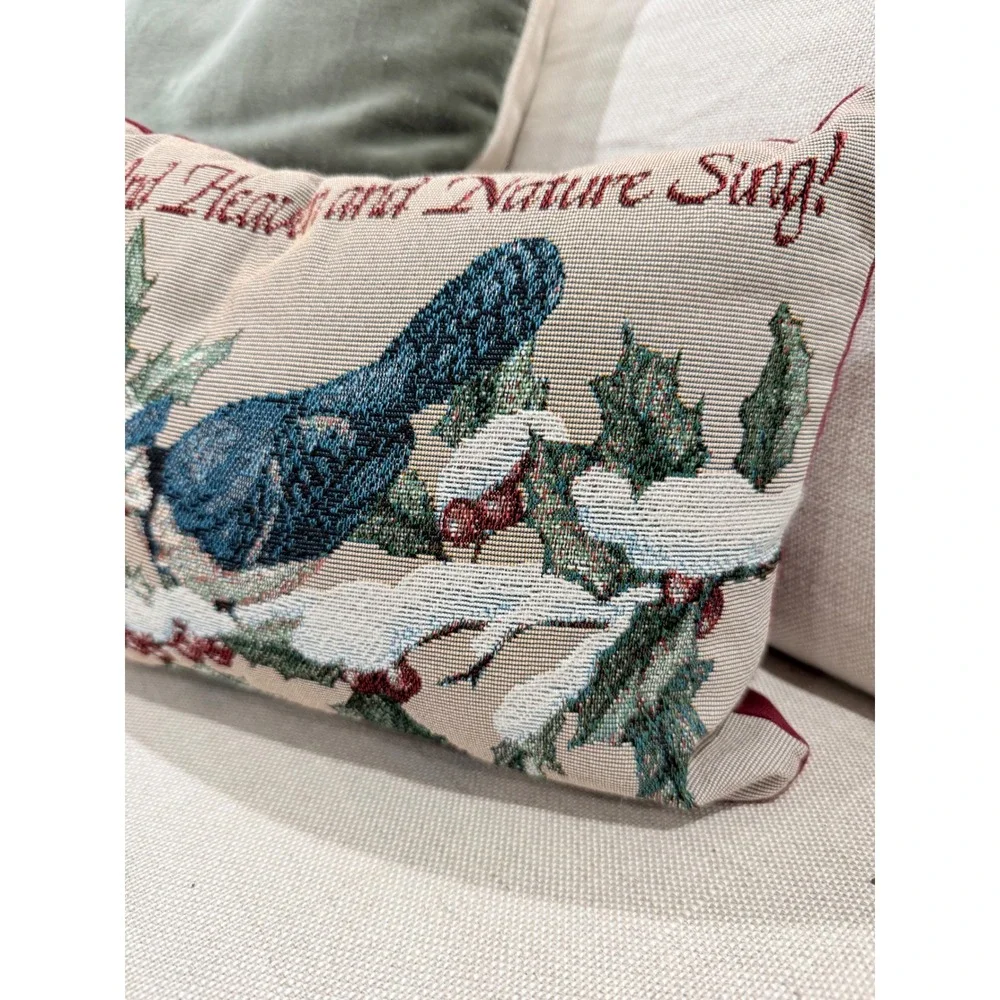 VTG Tapestry Pillow Christmas Bird Burgundy Nature cottagecore cabin festive